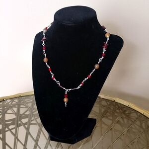 Handmade Elegant Silver and Red Beaded Necklace 17in